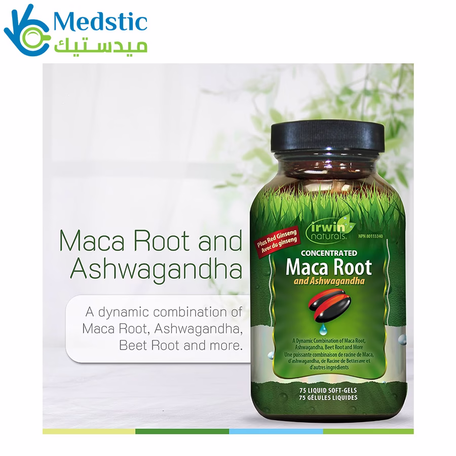 concentrated maca root and ashwagandha + red ginseng, 75 liquid soft gels, Irwin كبسولات جذور الماكا